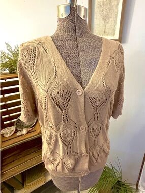 Women’s Grace Karin Beige Knit Short-Sleeve Long Cardigan Sweater Buttons LARGE